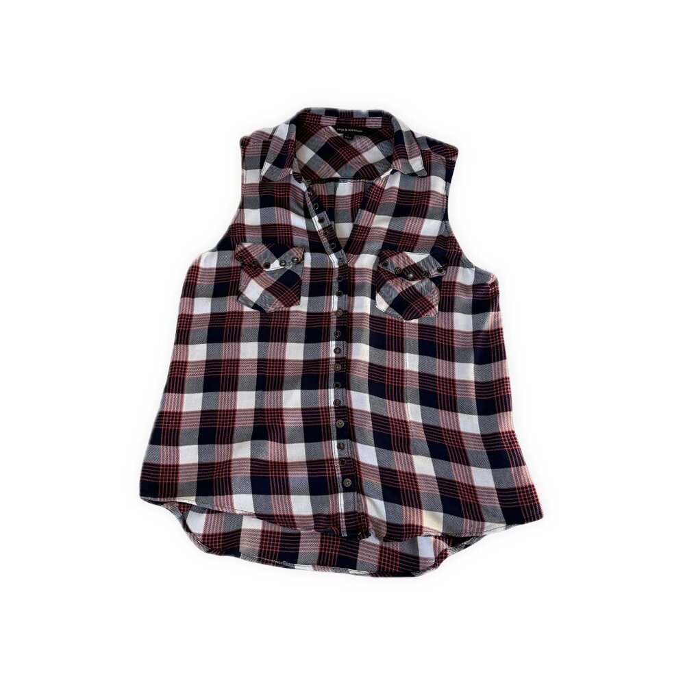 Rock & Republic Sleeveless Plaid Shirt Large Navy Red Rayon Western Button Up